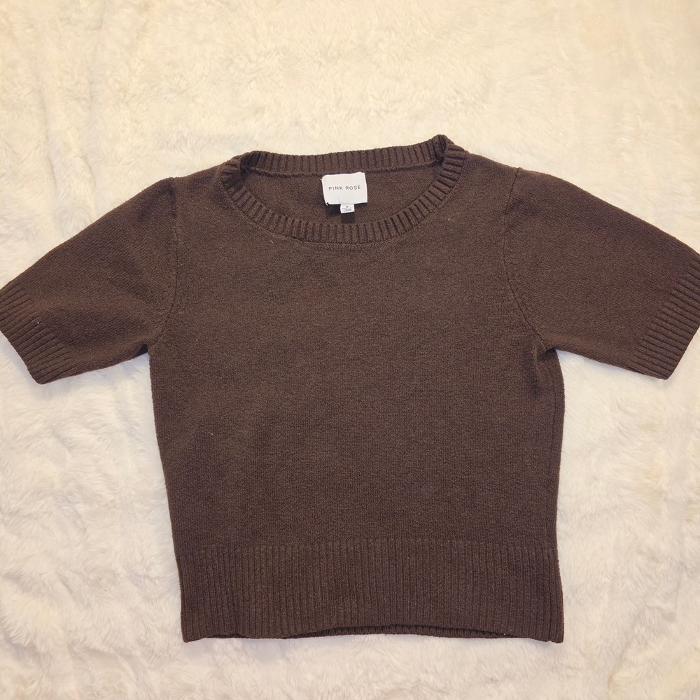 Pink Rose Short Sleeve Sweater Womens Medium Brown Excellent Ribbed Knit Top